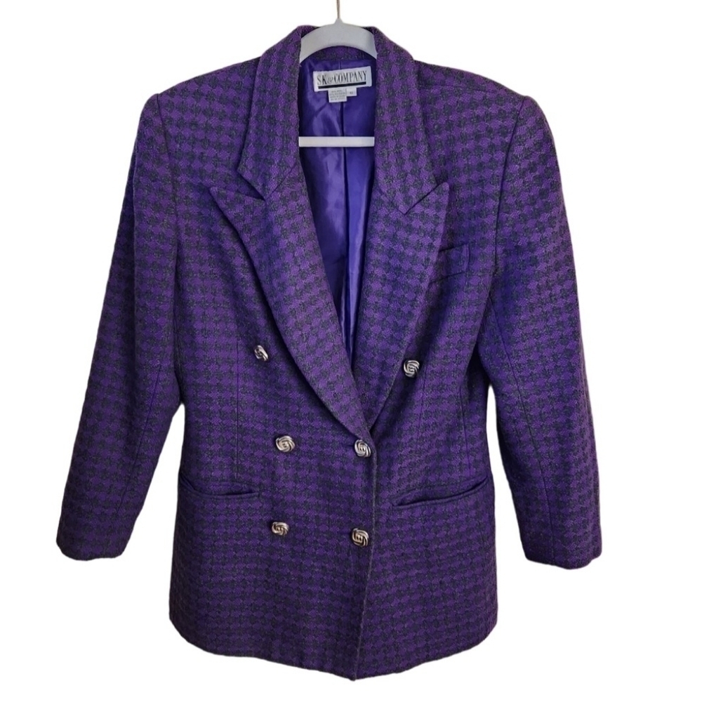 S K & Company Vintage Wool Purple Hounds Tooth Double Breasted Blazer Size 10